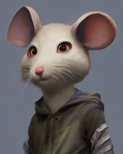 Image similar to a beautiful half body portrait of a cute anthropomorphic humanoid mouse fursona. big eyes. character design by cory loftis, fenghua zhong, ryohei hase, ismail inceoglu and ruan jia. volumetric light, detailed, rendered in octane