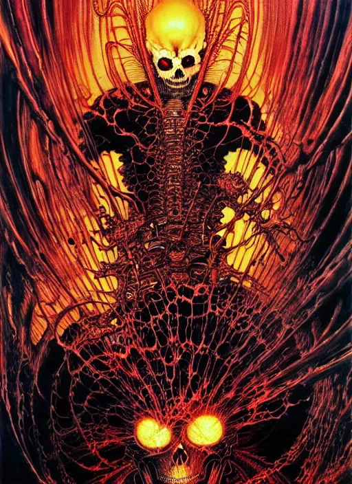 Prompt: detailed image of ghost rider by Ayami Kojima, Amano, Karol Bak, Greg Hildebrandt, and Mark Brooks, rich deep colors. Beksinski painting, part by Adrian Ghenie and Gerhard Richter. art by Takato Yamamoto. masterpiece . intricate artwork by Tooth Wu and wlop and beeple, greg rutkowski, very coherent symmetrical artwork, cinematic, hyper realism, high detail, octane render, unreal engine, 8k, Vibrant colors, Smooth gradients, High contrast, depth of field. by Katsuhiro Otomo, full body character drawing, inspired by Evangeleon, clean ink detailed line drawing, intricate detail, extremely detailed. painting by Arthur Rackham, Eugene de Blaas, Frederic Leighton