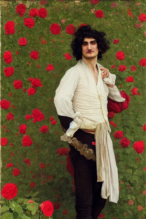 Image similar to body portrait of actor louis garrel posing as a matador in a garden of roses, colour painting by normal rockwell, guidi prime background by carl spitzweg