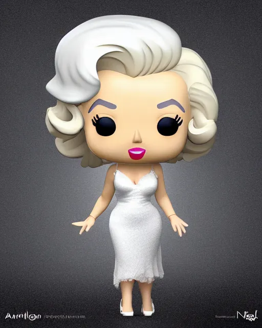 Image similar to full body 3d render of Marilyn Monroe as a funko pop, she is wearing a sheer white night gown, she is laughing, studio lighting, white background, blender, trending on artstation, 8K, highly detailed