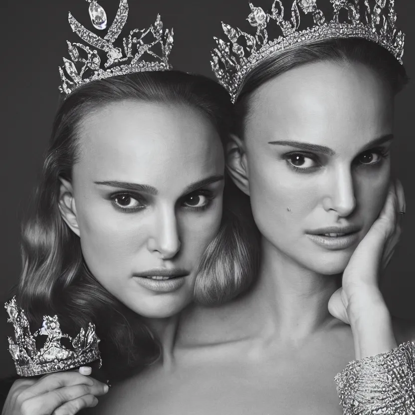 Image similar to natalie portman as the queen of england, big crown adorned with emerald, diamonds, topaz and other jewellaries, sensual, beautiful soft light failling on her face, studio photography, nikon 3 5 mm portrait photography, ultra realistic