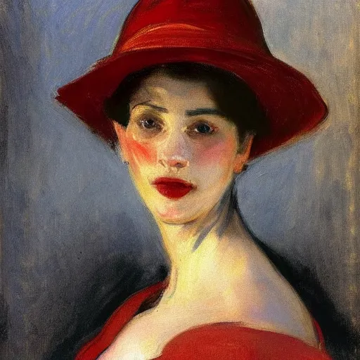 Image similar to frontal portrait of a woman wearing a red hat, by john singer sargent.