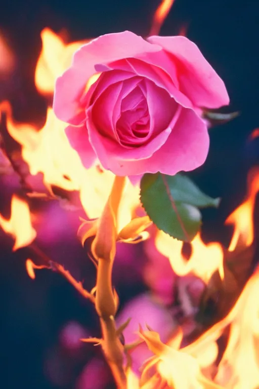 Image similar to Photo of A pink rose set ablaze, Cinestill 800t.