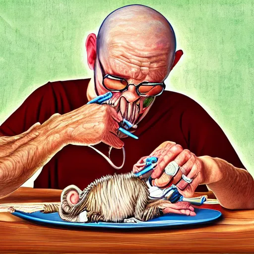 Image similar to digital art painting of a dissected monkey being eaten for dinner by an elderly man