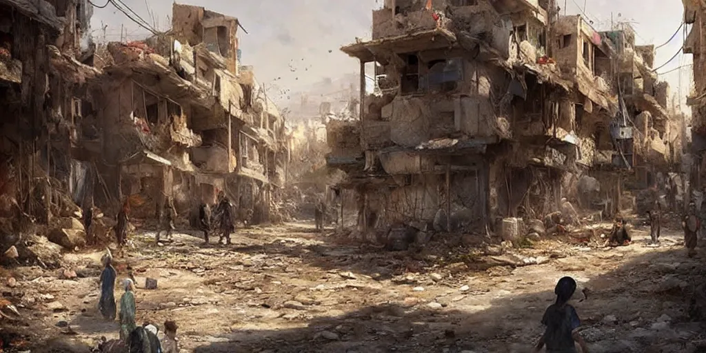 Prompt: hyper realistic, beautiful syrian slums village, concept art, for modern warfare, painted by greg rutkowski, highly detailed,
