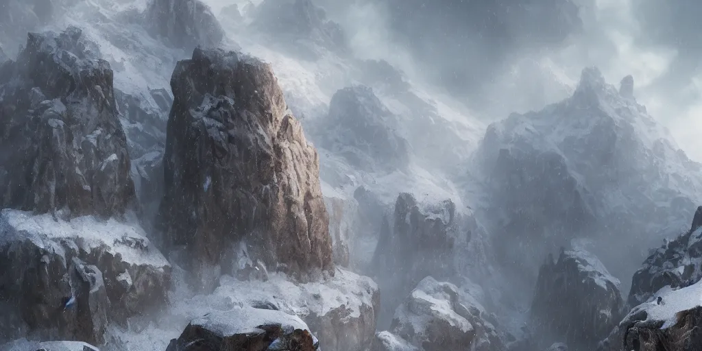 Image similar to Looking off of a rocky snowy cliff over backlit low lying clouds in a snowy valley with craggy giant rocks hidden in mist, artstation, matte painting