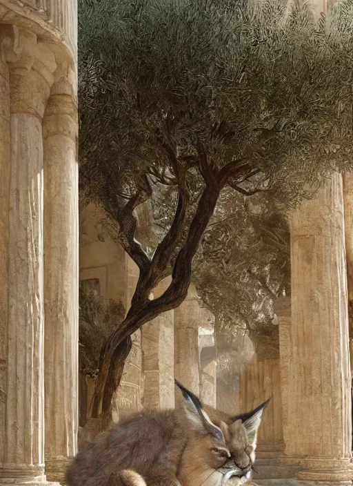 Prompt: hyper realistic fluffy caracal dressed in toga, in ancient greek city, marble columns, temple, olive trees, atmospheric beautiful details, strong composition painted by kim jung giu weta studio rutkowski, james gurney and greg rutkowski, and lucasfilm
