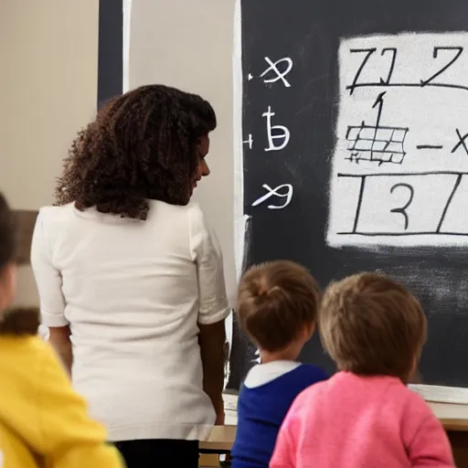 Image similar to a lion teacher is teaching math in front of a blackboard
