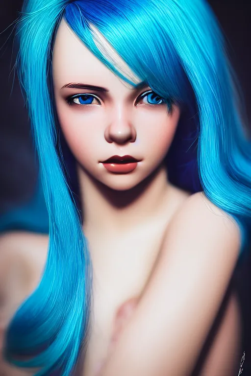 Prompt: hd photograph of a pretty girl with blue hair, close up portrait, skin texture, in the style of ilya kuvshinov, dramatic lighting, fantasy, intricate, elegant, highly detailed, lifelike, photorealistic, digital painting, bokeh, hdr, high resolution, unsplash, smooth, sharp focus, art by krenz cushart and albert aublet