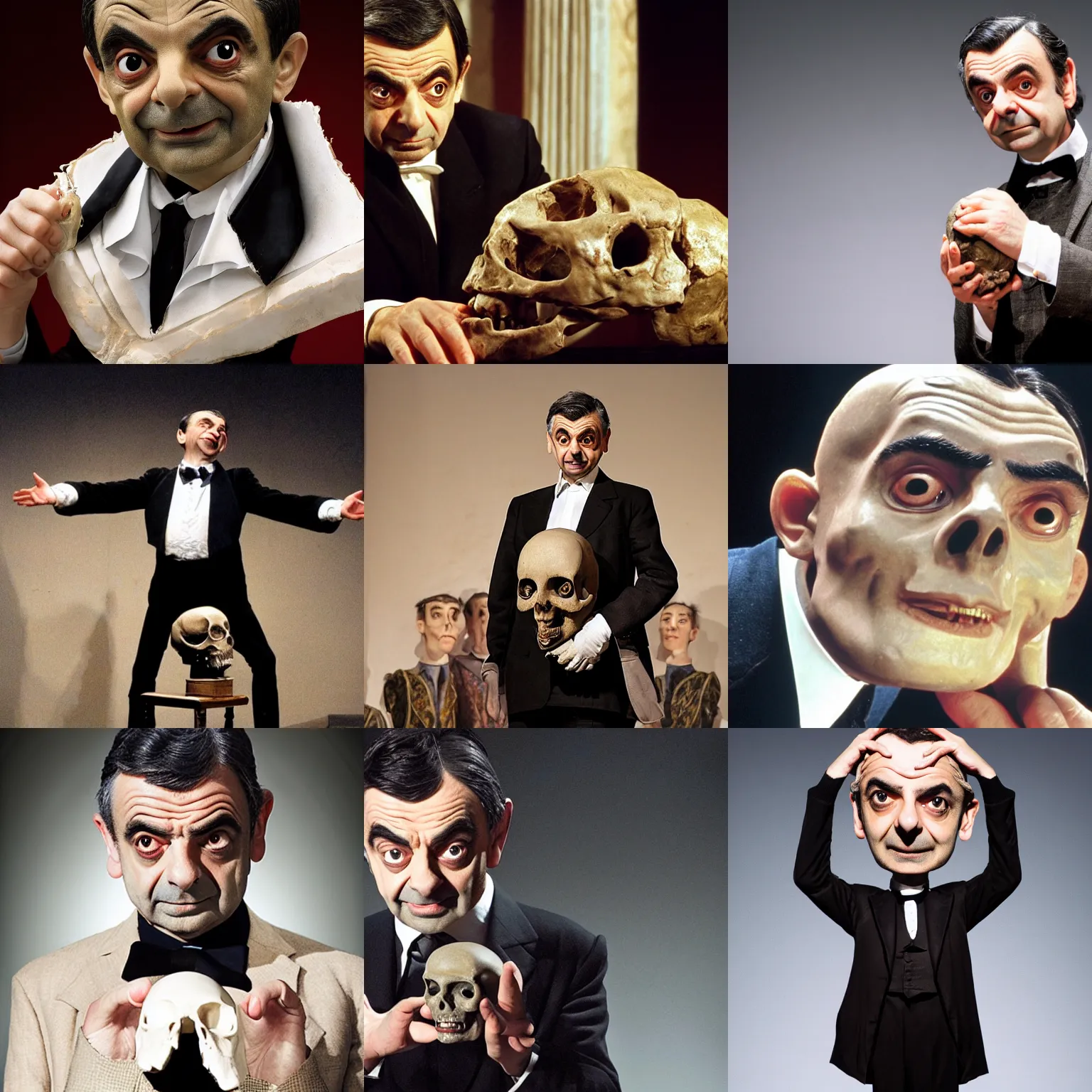 Prompt: mr bean ( rowan atkinson ) as hamlet holds a human skull on a stage, dramatic, stage lights, sharp focus, photorealistic, theatrical, dramatic, inspired by laurence olivier, 2 0 1 5 theater poster