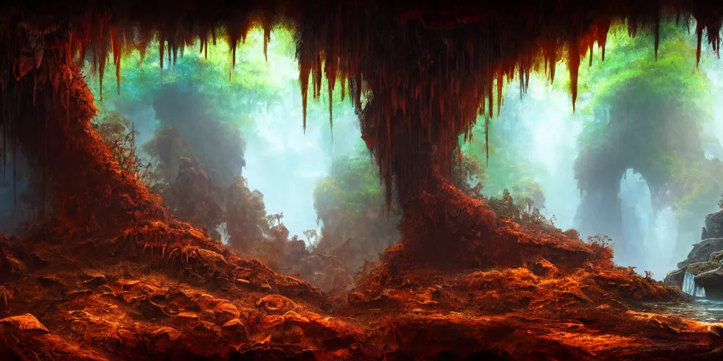 Prompt: a rusted cave mouth in the jungle, retrofutistic matte oil painting, science fantasy, chrome, salt, rpg, epic, extremely detailed, sharp focus, 4 k