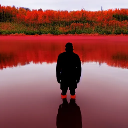 Prompt: a lonely dark figure wading through a red lake