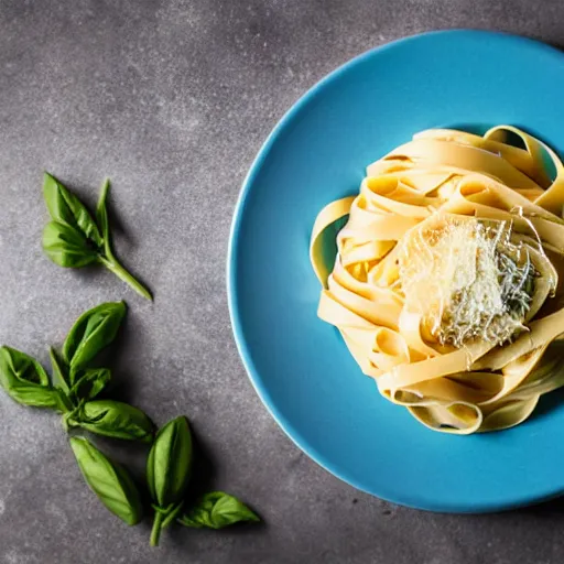 Prompt: a creamy fettuccine pasta in a parmesan wheel, food photography