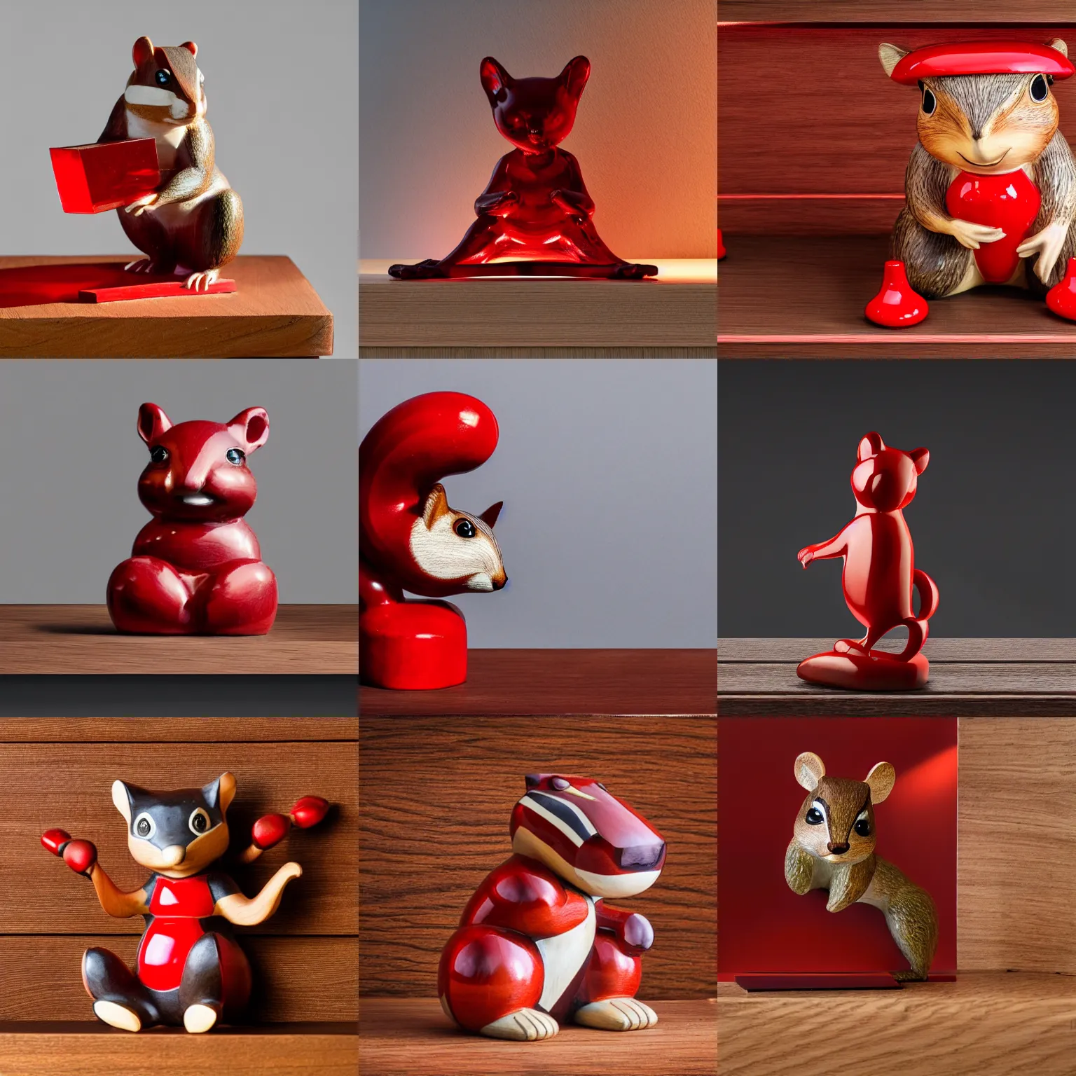 Prompt: product photo of a sculpture of chipmunk, made out of red glass, on a wooden table, in front of bookshelf, studio lighting ,photorealism