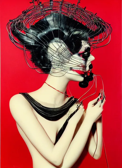 Image similar to an 8 0 s portrait of a woman with dark eye - shadow and red lips with dark slicked back hair, a mask made of wire and beads, dreaming acid - fueled hallucinations by serge lutens, rolf armstrong, delphin enjolras, peter elson, red cloth background