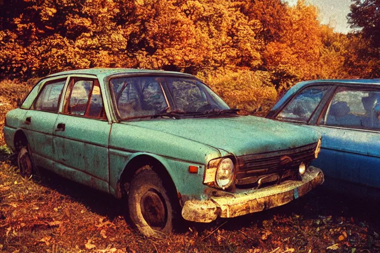Prompt: a lomographic photo of old lada 2 1 0 7 standing in typical soviet yard in small town, autumn, cinestill, bokeh