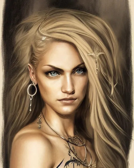 Prompt: tattoo sketch of beautiful greek goddess aphrodite with arrowhead earrings, beautiful piercing eyes, flowing blonde hair, realistic face, hyper realistic, in the style of greg rutkowski, fantasy, amazing detail, epic, intricate, elegant, smooth, sharp focus