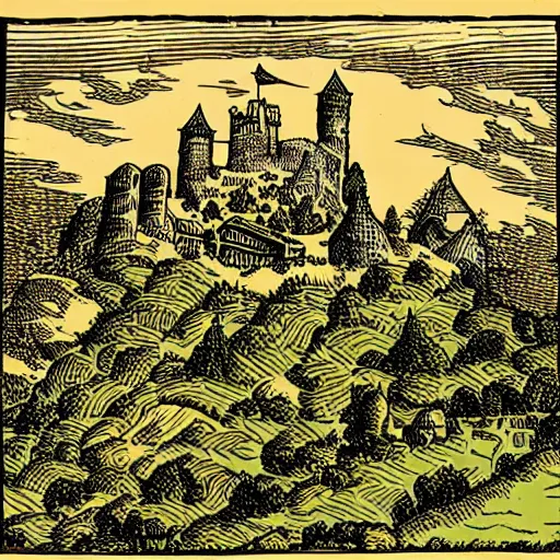 Prompt: a medieval fortress standing on a hill over the countryside in the style of robert crumb