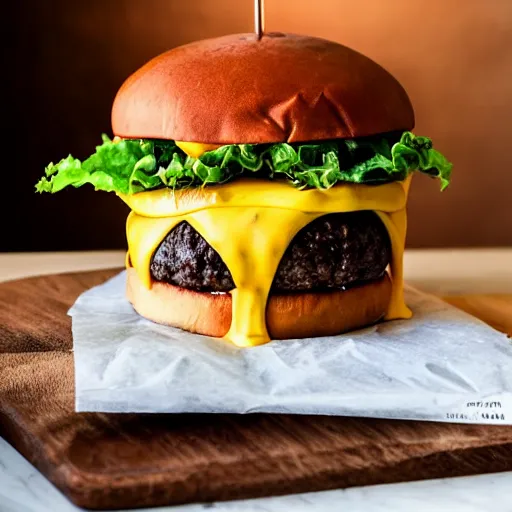 Image similar to colossal tall burger, stacked, award winning food photography, golden hour, holy