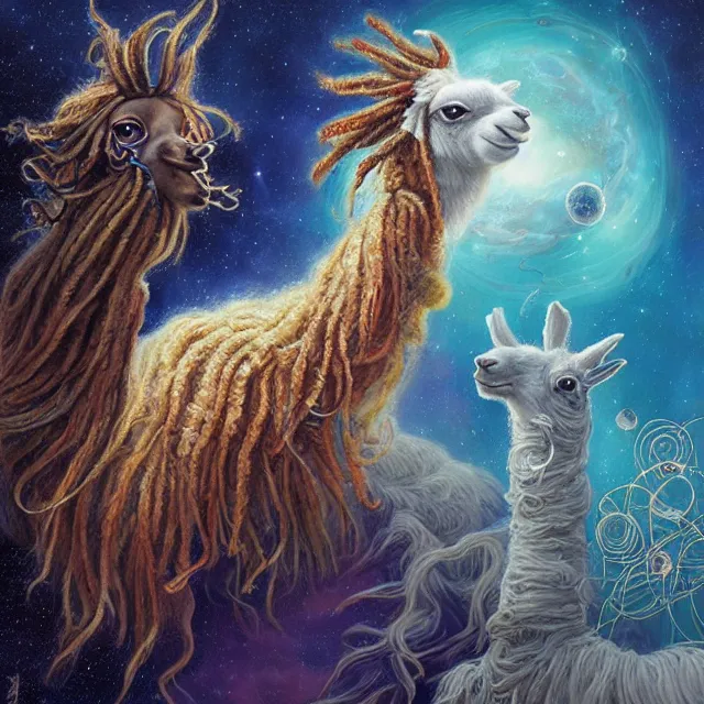 Image similar to llama with dreadlocks, space, by mandy jurgens, ernst haeckel, james jean