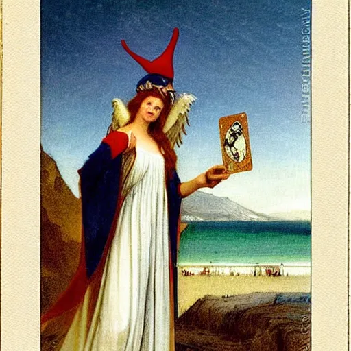 Image similar to An angel with jester hat and clothes on the front of a Balustrade with a beach on the background, major arcana cards, by paul delaroche, hyperrealistic