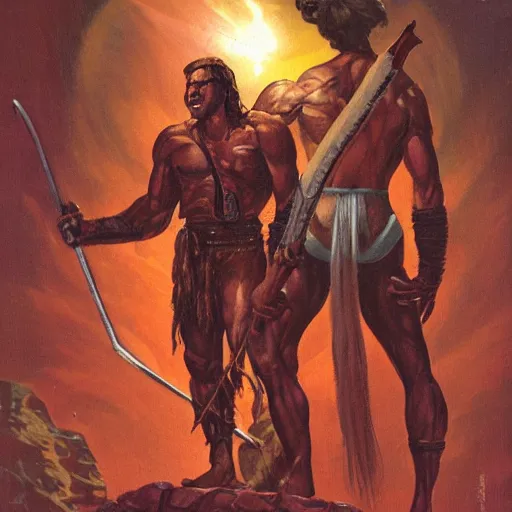 Image similar to muscular human barbarian on mars, standing on boulder, sword and sorcery, science fiction pulp illustration