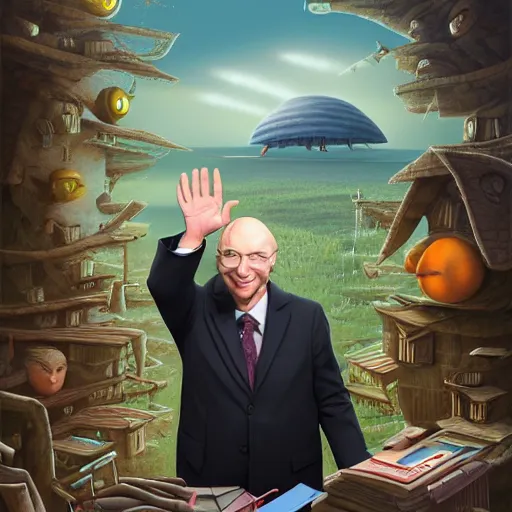 Image similar to Bill Gates as Dr. Evil Funny cartoonish by Gediminas Pranckevicius and mort drucker Tomasz Alen Kopera, masterpiece, trending on artstation, 8k,