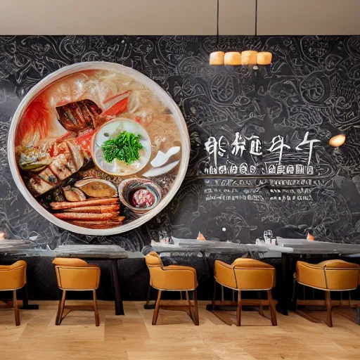 Image similar to a beautiful hyperdetailed interior 4 k hd wallpaper illustration of roasted string hotpot restaurant restaurant yan'an, wall corner, simple style, wall painting, from china, with merchant logo, simple structure, surrealistic, chinese style, victo ngai