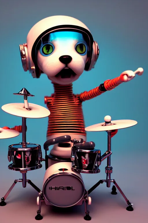 Image similar to high quality 3 d render very cute cyborg beagle plays drums!, cyberpunk highly detailed, unreal engine cinematic smooth, in the style of blade runner & pixar, hannah yata charlie immer, moody light, low angle, uhd 8 k, sharp focus