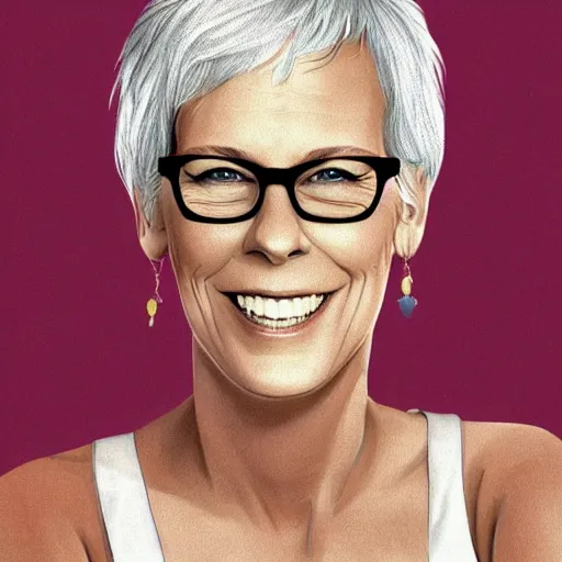Image similar to jamie lee curtis, smiling, happy, beautiful, intelligent, powerful, white hair, loving eyes, fully clothed, wise, beautiful, dramatic lighting, sharp focus, by stanley artgerm, dramatic lighting, trending on artstation, flat colour, geometric curves, gradient filter, art deco patterns