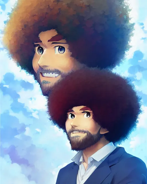 Prompt: anime portrait of Bob Ross as an anime man by Stanley Artgerm Lau, WLOP, Rossdraws, James Jean, Andrei Riabovitchev, Marc Simonetti, and Sakimichan, trending on artstation