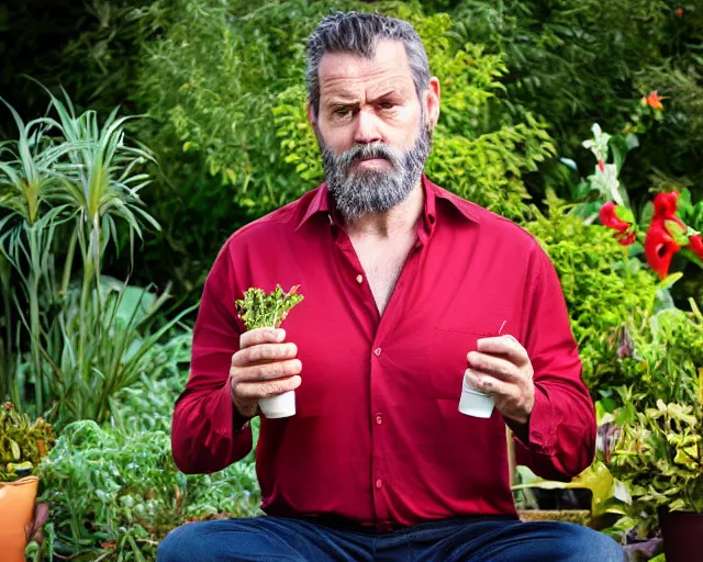 Image similar to mr robert is drinking fresh tea, smoke pot and meditate in a garden from spiral mug, detailed glad face, power belly, golden hour closeup photo, red elegant shirt, eyes wide open, ymmm and that smell