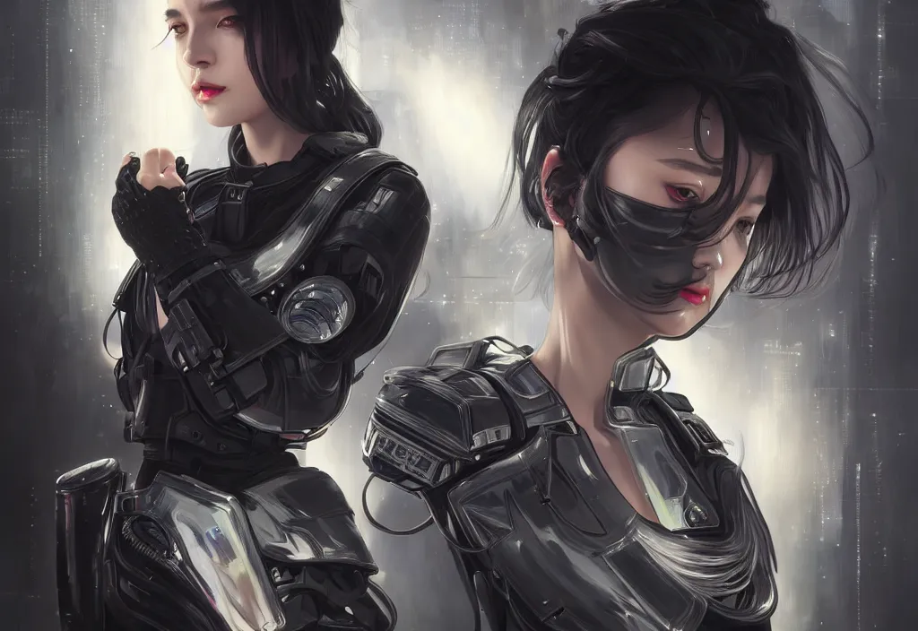 Image similar to portrait holy dark grey hair of futuristic police girl, black armored uniform, at neon light flashing reflected tokyo night, ssci - fi and fantasy, intricate and very very beautiful, highly detailed, digital painting, artstation, concept art, smooth and sharp focus, illustration, art by tian zi and wlop and alphonse mucha