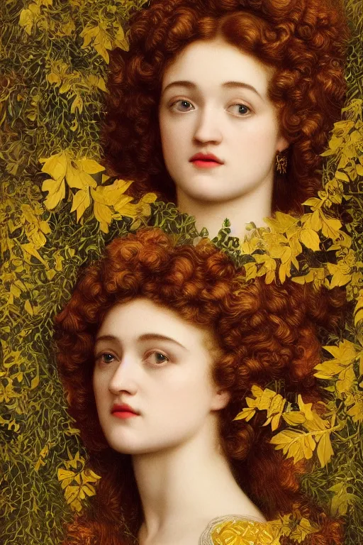 Prompt: masterpiece beautiful seductive flowing curves preraphaelite face portrait of julia garner amongst leaves, extreme close up shot, yellow ochre ornate medieval dress, branching abstract decorate structural circle, halo, amongst foliage, gold gilded circle halo, kilian eng and frederic leighton and rosetti, 4 k