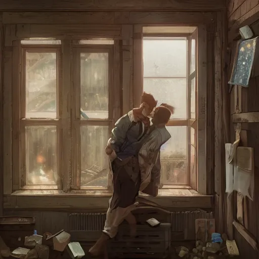 Image similar to two husbands leave each other inside a big wooden broken house by Stanley Artgerm Lau, WLOP, Rossdraws, James Jean, Andrei Riabovitchev, Marc Simonetti, Yoshitaka Amano, ArtStation, CGSociety, highly detaild 4K, cinematic style, studio light