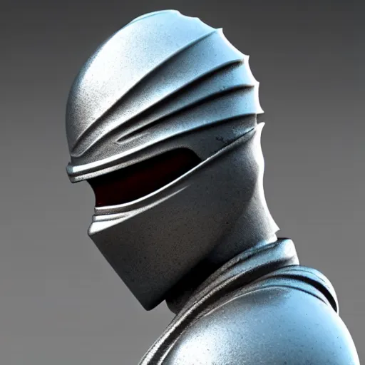 Image similar to 3 d octane rendering of marble and chrome statue of ninja wearing full face mask and hunter hat, vfx art, sharp, detailed, pinterest, unreal engine, behance, technological, octane render