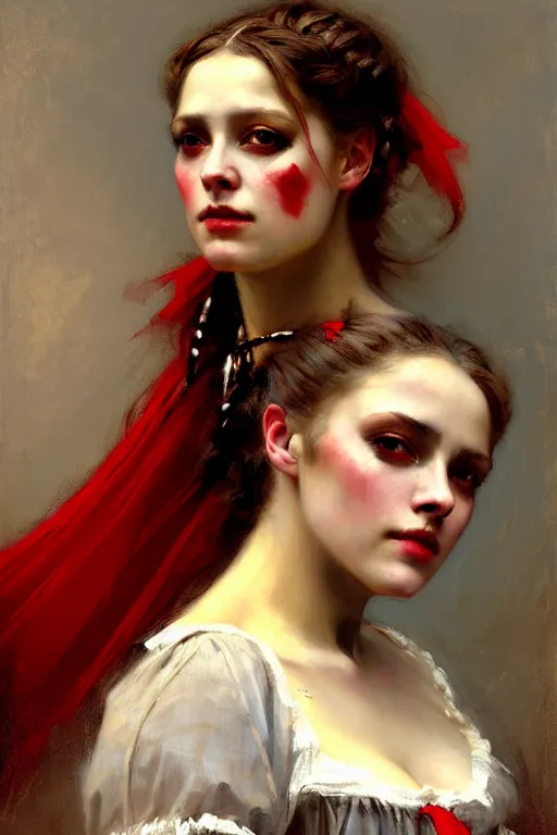 Image similar to solomon joseph solomon and richard schmid and jeremy lipking victorian genre painting portrait painting of a young beautiful woman traditional german french actress model pirate wench in fantasy costume, red background