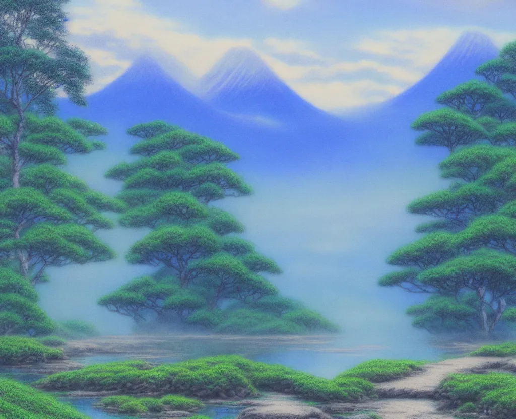 Image similar to a landscape pastel in the style of noriyoshi ohrai of a blue reflective path to some misty mountains in the background. along the path stands pillars that reflect in the water. key art. 4 k fantasy