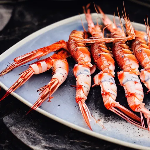 Prompt: macro photo of gourmet langoustines served on a pile of bleached dead coral