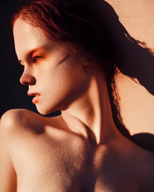 Prompt: photo half body portrait of woman in her 2 0 s, realism, extreme detail, real life skin, key art, soft light, volumetric light, 3 - d shadows, photo by kesler tran, photoshoot