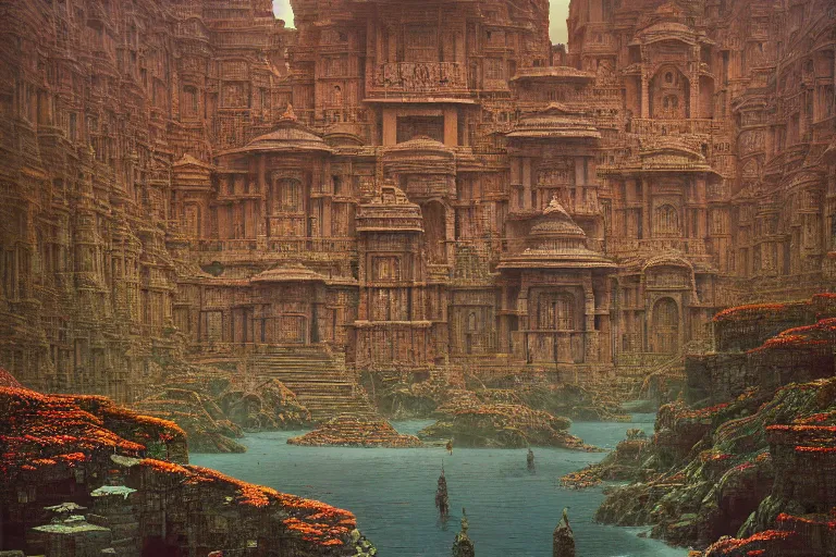 Prompt: photography of a beautiful archipelago of never seen before stunning ancient indian temple. intricate pilars patern, runes. flowers. inspiring science fiction, intricate, elegant, uplifting, inspirational, highly detailed by beksinski and simon stalenhag