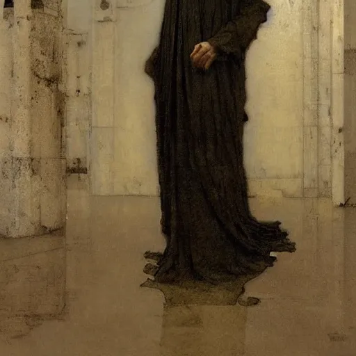 Prompt: hooded gaunt figure in long grungy decaying baptismal robes before a congregation of crows by nicola samori and tadema by greg rutkowski by alphonse mucha