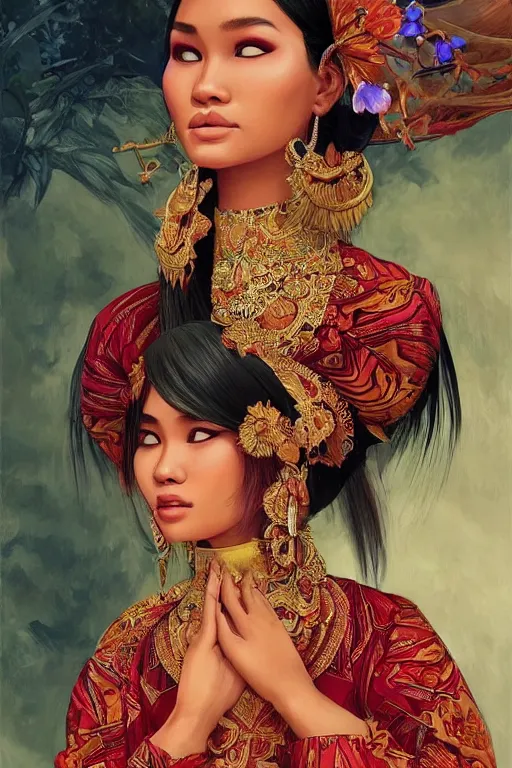 Image similar to portrait of a beautiful indonesian supermodels wearing traditional costume, highly detailed,!!! coherent hands!!!, digital painting, artstation, concept art, sharp focus, illustration, art by kittichai rueangchaichan and james gurney and alphonse mucha