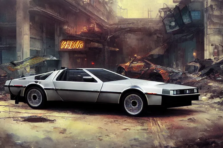 Image similar to photograph of the delorean, with a sleek spoiler, driving down the streets of a cyberpunk abandoned city, by greg rutkowski, by stanley artgerm, by alphonse mucha