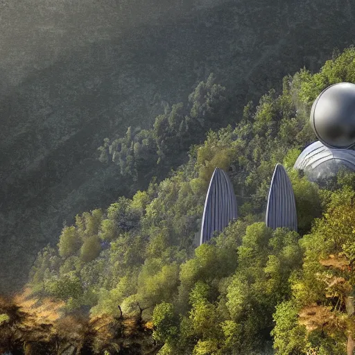 Prompt: vertical farm towers and sci - fi dome in a steep sided valley with trees, a sense of hope, high res, 4 k, stark light, edouard groult, bynde, kirill leonov