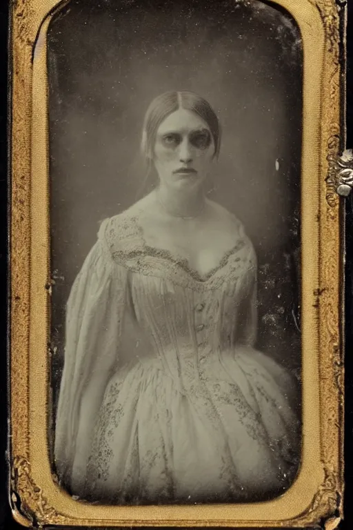 Image similar to daguerreotype photo of an scary but stunning victorian woman, realistic, no blue, detailed, up light, atmospheric, moody, dynamic lighting, cinematic