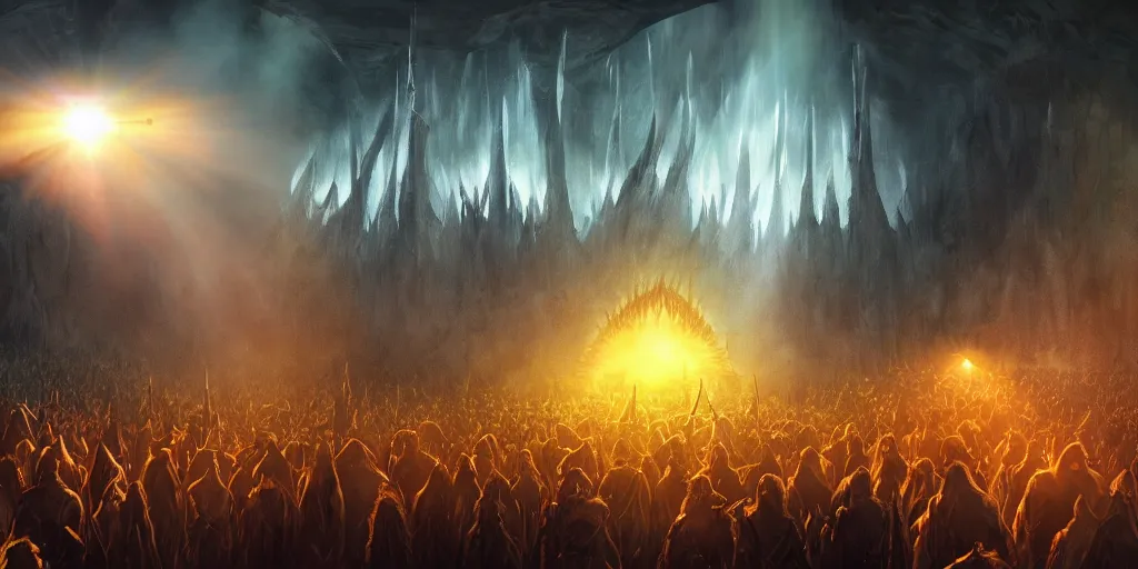 Prompt: ambience, atmosphere, sunbeams, concept art for sauron playing rock guitar concert to a crowd of orcs, lord of the rings, peter jackson, studio ghibli, detailed, realistic lighting, volumetric lighting, golden hour,