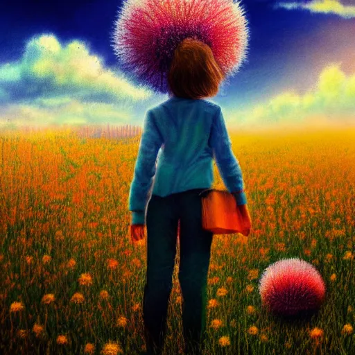 Prompt: girl with dandelion head, surreal photography, dream, standing in flower field, hills, big trees, sunrise dramatic light, impressionist painting, colorful clouds, digital painting, pointillism, artstation, simon stalenhag