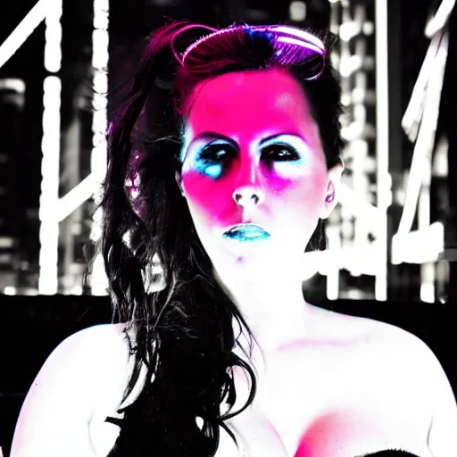 Image similar to portrait of cyberpunk gianna michaels, neon lit, high contrast, futuristic, 3 5 mm photograph