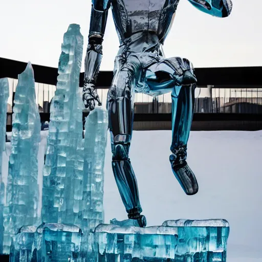 Image similar to made of ice, a realistic detailed photo of a guy who is an attractive humanoid who is half robot and half humanoid, who is a male android, on display, blank stare, showing off his muscles, shiny skin, posing like a statue, by the pool, frozen ice statue, f 1 driver max verstappen, humanoid robot